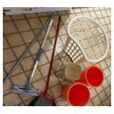 Trash cans, hamper, and Kitchen floor items