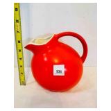 7" tall Orange Red Ball Pottery Pitcher unmarked