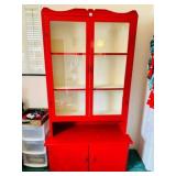 Painted Red Wood Glass Doors Display Cabinet w/