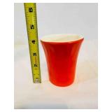 4" Red Orange Pottery Glass, has swirls near top