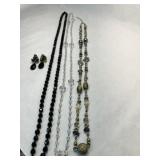 3 Long Glass Bead Necklaces-Black Glass faceted