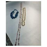 3 Glass Bead Necklaces, gold faceted beads, blue