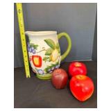 Fruit Ceramic Pitcher, 3 Fake Apples 9" tall