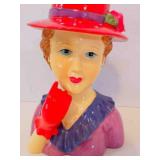 Red Hat Lady Head Vase Resin 7" tall