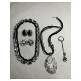 Large Rhinestone Necklace made w/black chain, Viny
