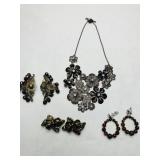 Brown Tone Bib Necklace, 2pr Bead Earrings, Collar