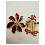 2 Christmas Brooches pins-rhinestones, enamel, gol