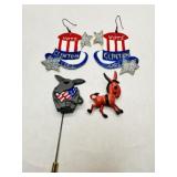 Vote Clinton Gore Earrings, 2 Donkey Pins, orange