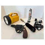 2 Flashlights, Husky Head lamp-powers on, brush