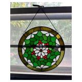 12" Round Christmas Stained Glass Holly Berries