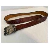 Indian Chief Belt Buckle leather embossed belt 47"