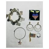 USA Patriotic Jewelry, Rhinestone brooches, ring,