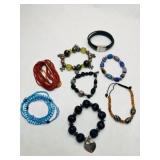 7 Stretch Bead Bracelets, 1 black leather clasp
