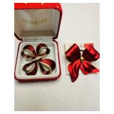 Christmas Bow Brooch Pins, Enamel w/ rhinestones