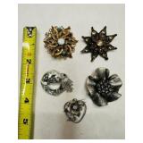 5 Brooches-Silver tone, antique gold, gold tone