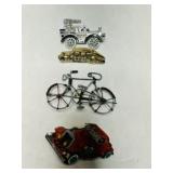3 Car Brooches, 1 Bicycle brooch-wheels turn on