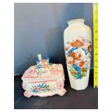 Asian Lidded Trinket Box, Asian Tall Vase 10.5"