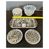 Pressed Glass Tray, Coasters, Lidded Trinket Box,