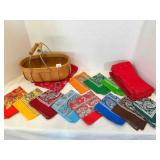 Basket of Bandana Scarves & Stack of cloth napkins