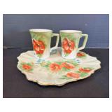 Hand Painted Poppies 2 Cups, & plate, show wear,
