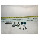 Faux Turquoise Bead Necklace 44", Wood Earrings,