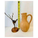 Clay Vase, Wood Carved Bird on Twig, Base is signe