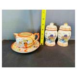 Asian Salt & Pepper Shakers, Saucer & Creamer