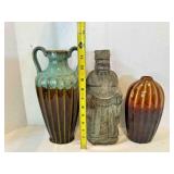 Asian Resin Statue, 2 Ribbed Vases tallest 11.5"