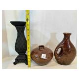 2 Matching Brown Pottery Vases, 1 resin candle sti