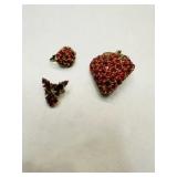 Red Rhinestone Vintage Strawberry Brooch, matching