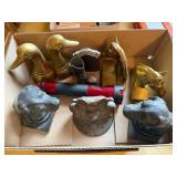box of book ends, brass and other