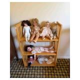 wood 3-tier shelf with vintage Toy Dolls;
