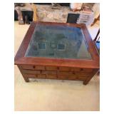 Walnut coffee table with drawers and glass top