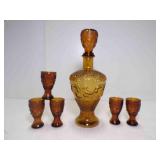 Vintage Amber Glass Decanter & 5 Small Cordial