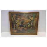 Vintage Autumn Landscape Painting in Wood Frame