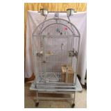 Powder-Coat Rolling Bird Cage & Box of Accessories