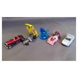 5 Items: 1 Blue Glass Bird & 4 Car Toys