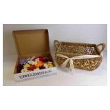 Faux Flowers & Woven Basket w/Handles