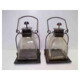 2 Decorative Metal & Glass Candle Lanterns Square