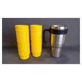 4 Yellow Plastic Cups & 1 40-Ounce Travel Mug