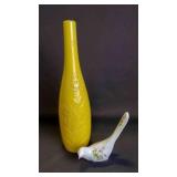 Yellow Floral Ceramic Vase & White Milk Glass Bird