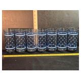 7 Glass Tumblers, Blue flower design, 6 1/4' tall
