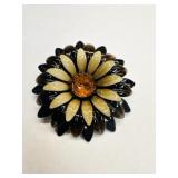 Brown Enamel Rhinestone Flower Brooch