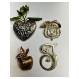 4 Brooches, Gold & Silver tone, J, Apples, Heart