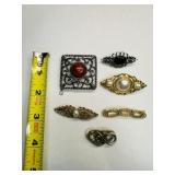 6 Brooches-bar, square, rhinestone, gold & silver