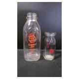 2 Vintage Orange Pyroglaze Labeled Milk Glasses