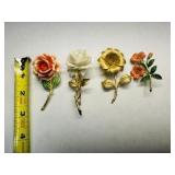 4 Floral Stemmed Vintage Brooches-one is Marked