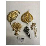 5 Gold tone Vintage Brooches-floral stems, leaves