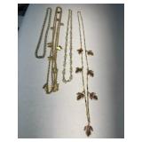 4 Long Gold tone Chain Necklaces, Butterflied,
