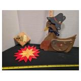 Wood duck statue, wooden trivet, thermometer